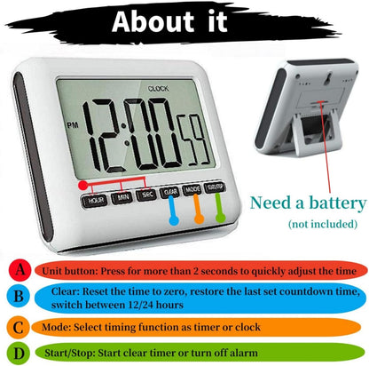 Magnetic Digital Clock for Kitchen - Timer with Alarm, 12/24 Hours, Big Screen, Loud Alarm & Strong Magnet - Count-Up & Count Down for Baking, Sports, Office, Study - Black