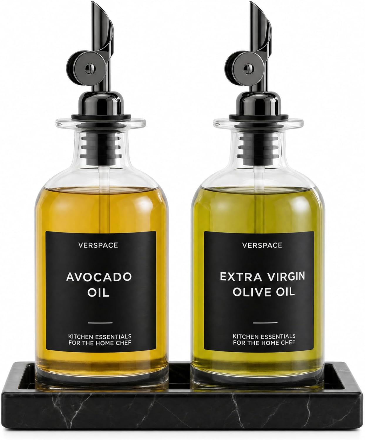 Verspace UV-Protected Green Glass Olive Oil Dispenser Bottles For Kitchen - 2 Pack - 12oz Includes 40 Kitchen Essential Labels, Avocado Oil Dispenser Set, Modern Decor for Home, Airbnb, Cafe
