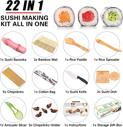 SmileTools Sushi Making Kit, 22pcs Roller Maker for Beginners With Guide Book, Bazooka, Knife, Mat, Avocado Slicer, Chopsticks, Sauce Dishes & More - Sushi Lover's Gift