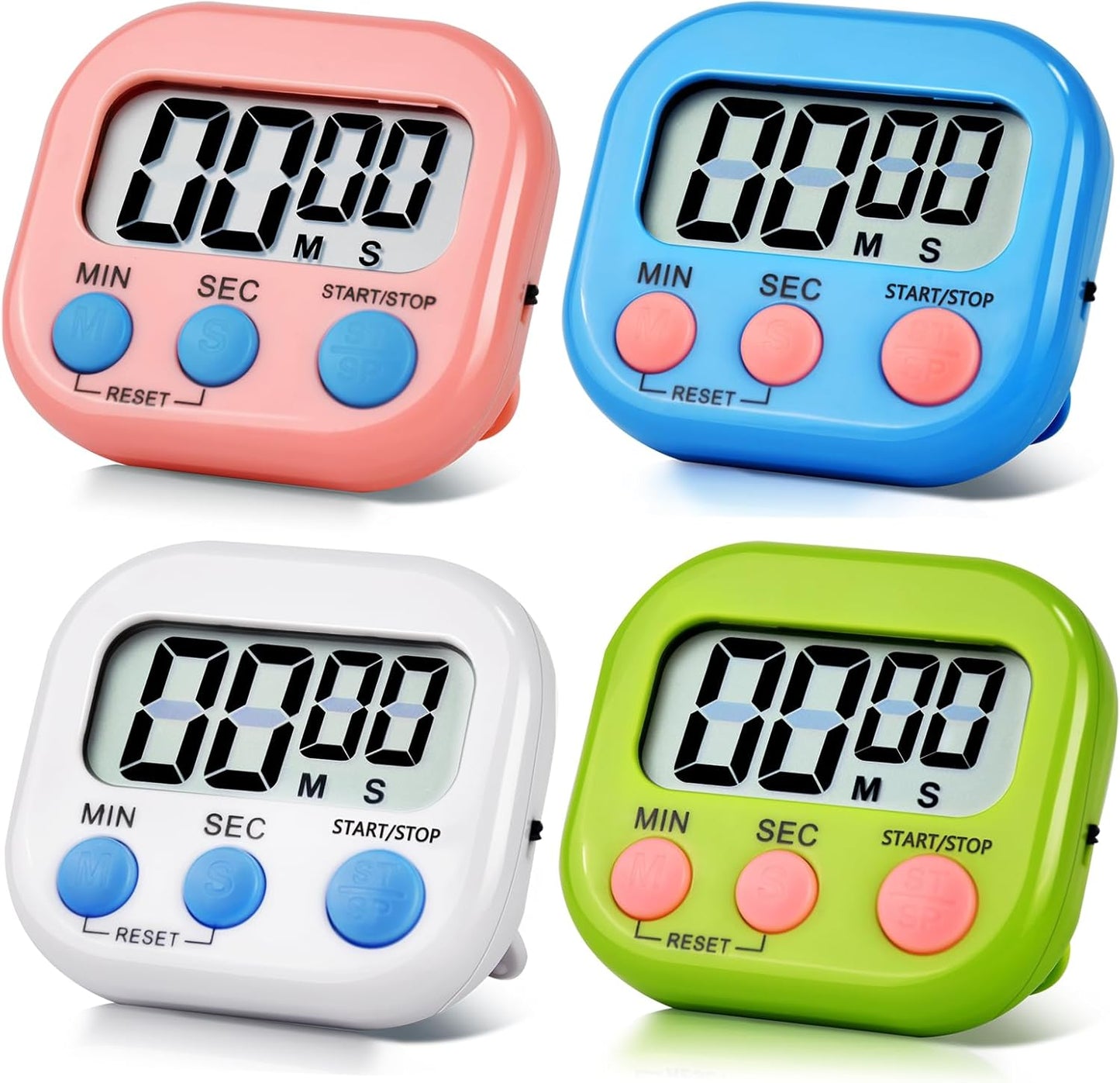 4 Pack Digital Kitchen Timer Magnetic Digital Timer with Big Display Loud Ring Cooking Timers for Cooking, Game, Gym, Break Time, Classroom(4, Pink, Green, Orange, White)