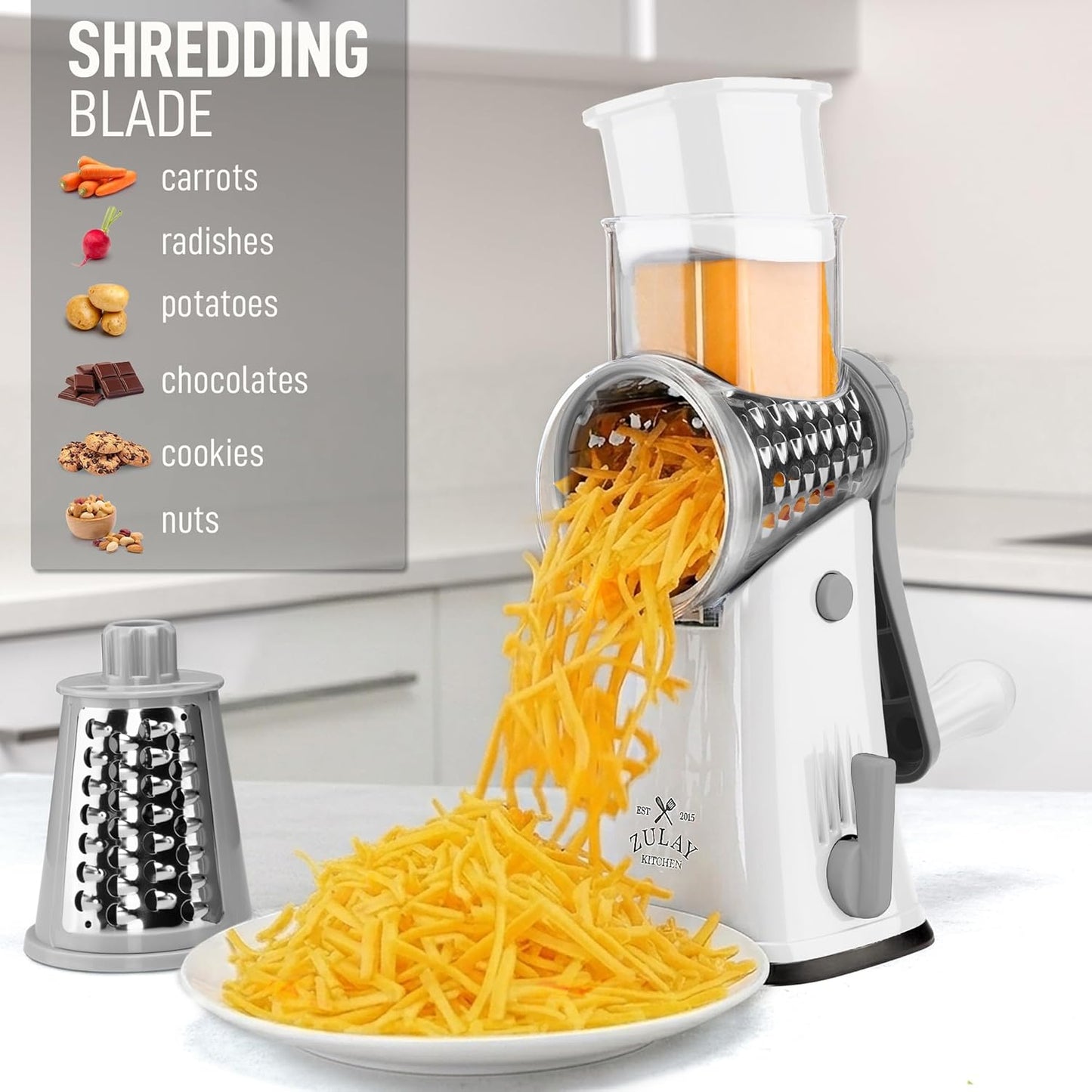 Zulay Kitchen Rotary Cheese Grater 5 Blade Cheese Shredder - Manual Hand Crank Cheese Grater With Reinforced Suction & 5 Interchangeable Drums - Easy to Use, Vegetable Chopper Round Mandoline Slicer - Colors A