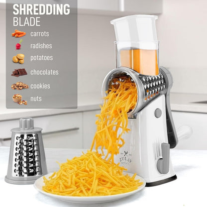 Zulay Kitchen Rotary Cheese Grater 5 Blade Cheese Shredder - Manual Hand Crank Cheese Grater With Reinforced Suction & 5 Interchangeable Drums - Easy to Use, Vegetable Chopper Round Mandoline Slicer - Colors A