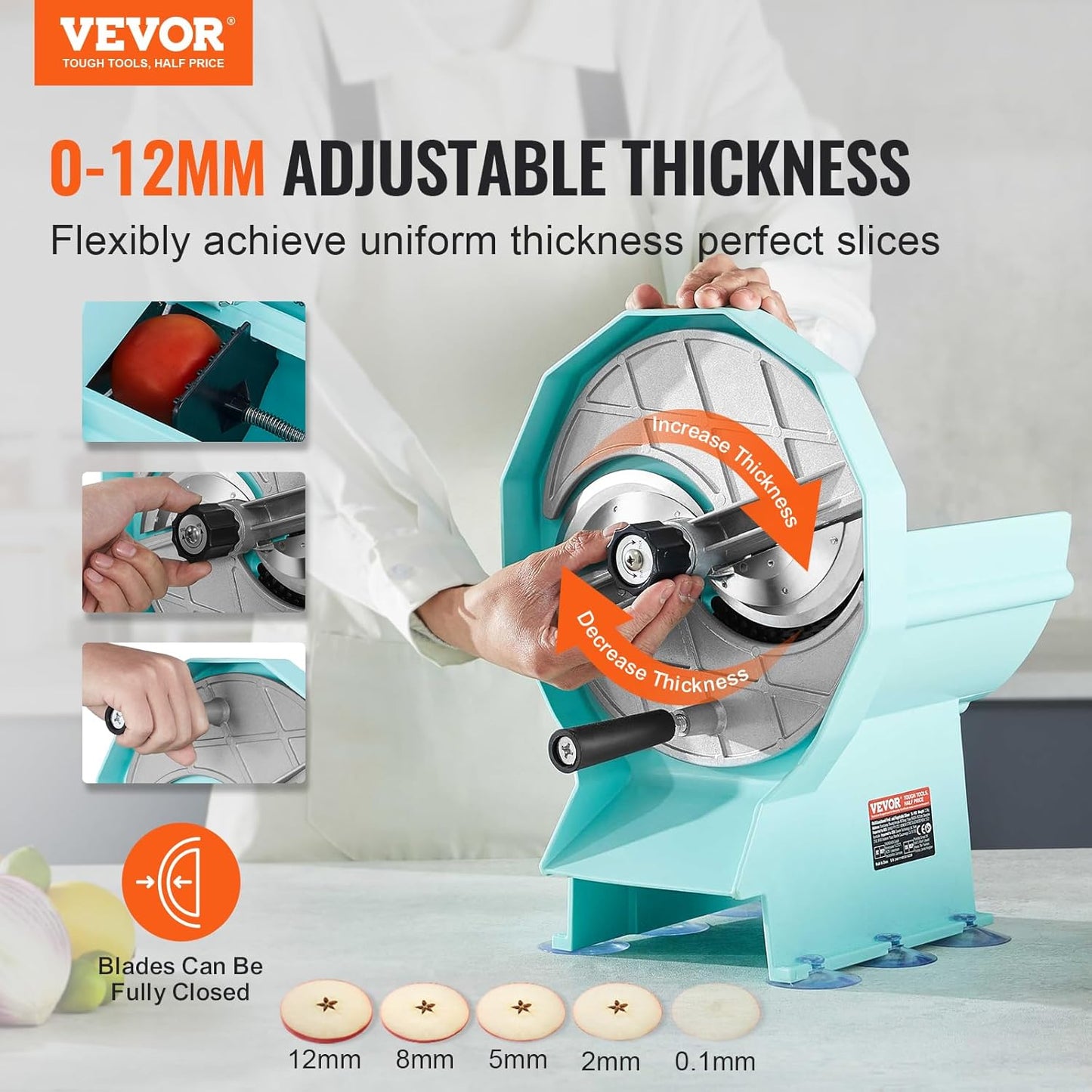 VEVOR Electric Vegetable Slicer, 0-0.5"/0-12mm Thickness Adjustable Commercial Slicer Machine, Convertible to Manual, Stainless Steel Food Cutter Slicing Machine, for Potato, Lemon, Tomato, Apple
