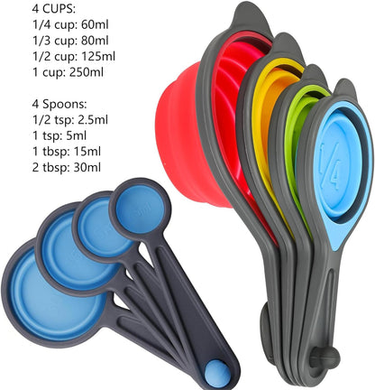 Measuring Cups and Spoons set, Collapsible Measuring Cups, 8 pieces Measuring Cups&Spoons Set, Engraved Metric & US Markings for Liquid&Dry Measuring, Space Saving, BPA Free Colorful Silicone