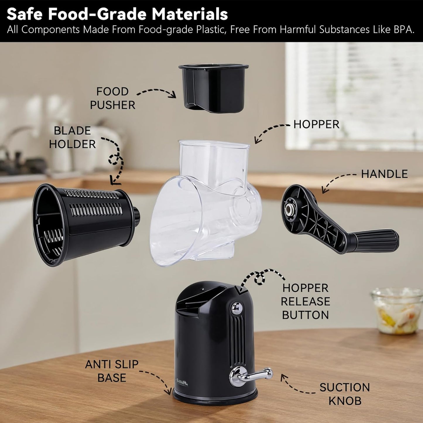 5-in-1 Rotary Cheese Grater Vegetable Slicer with Handle - Upgraded Hand Crank Cheese Grater with Handle and Strong Suction Base, Multi-Purpose Slicer with 5 Blades (Black)