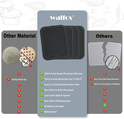 Walfos Silicone Trivet Mats - 4 Heat Resistant Pot Holders, Multipurpose Non-Slip Hot Pads for Kitchen Potholders, Hot Dishers, Jar Opener, Spoon Holder, Food Grade Silicone & BPA Free (Black)