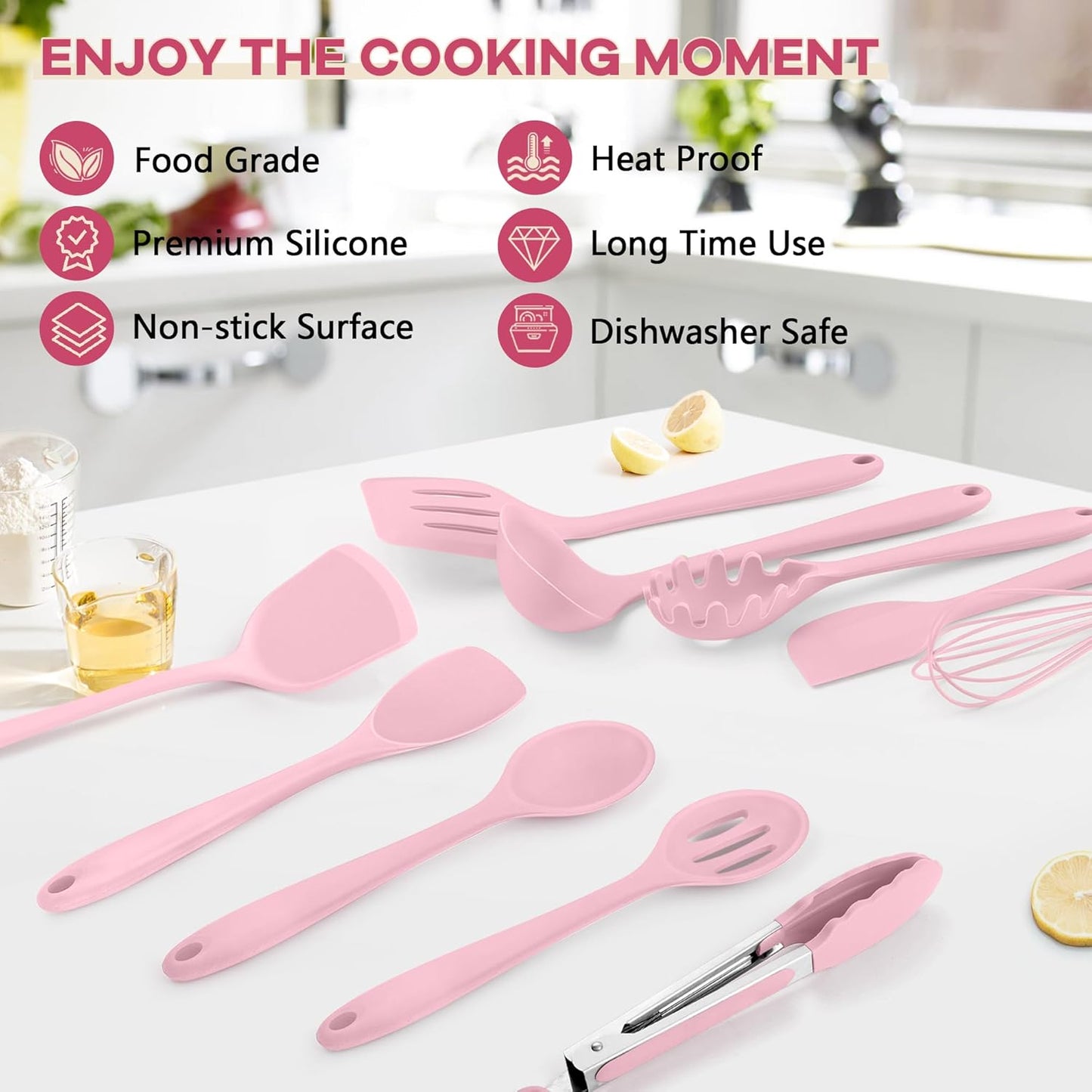 TeamFar Silicone Cooking Utensils, 10 pcs Kitchen Cooking Utensils Set, 446°F Heat Resistant Kitchen Gadgets Tools Set w/Spatula, Turners, Spoons, Soup Ladle, Pasta Server for Nonstick Cookware, Black