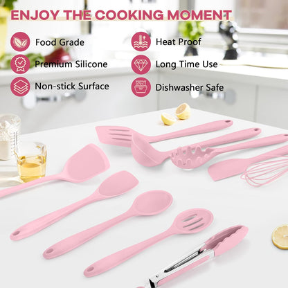 TeamFar Silicone Cooking Utensils, 10 pcs Kitchen Cooking Utensils Set, 446°F Heat Resistant Kitchen Gadgets Tools Set w/Spatula, Turners, Spoons, Soup Ladle, Pasta Server for Nonstick Cookware, Black