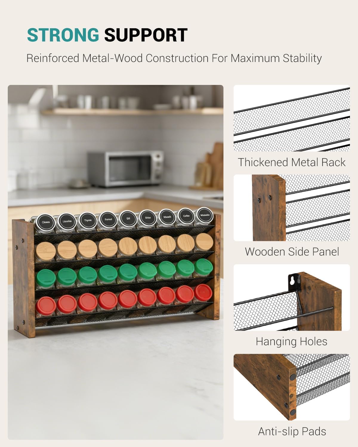 NESAPTO Spice Rack Organizer for Cabinet, Wood 4-Tier Vertical Seasoning Organizer, Wall Mount or Countertop Spice Shelf, Holds 28 Jars (No Jars Included), 14" W x 9.4" H