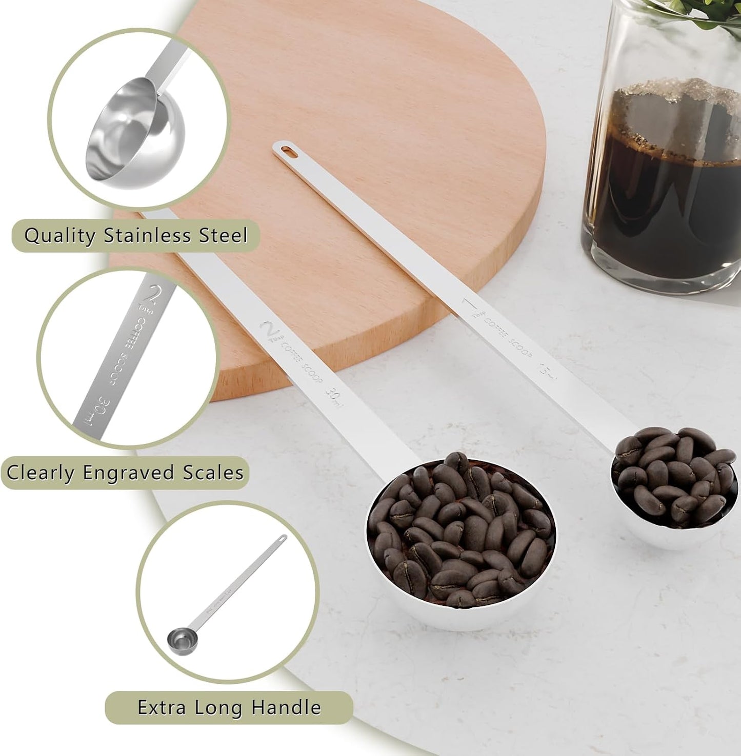 LEIFENY 2PCS Coffee Scoop Set (1tbsp, 2tbsp), Extra Long Handle Measuring Spoon, 15 ml and 30 ml Stainless Steel Coffee Scooper