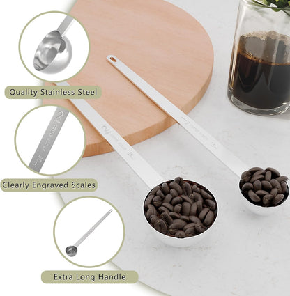 LEIFENY 2PCS Coffee Scoop Set (1tbsp, 2tbsp), Extra Long Handle Measuring Spoon, 15 ml and 30 ml Stainless Steel Coffee Scooper