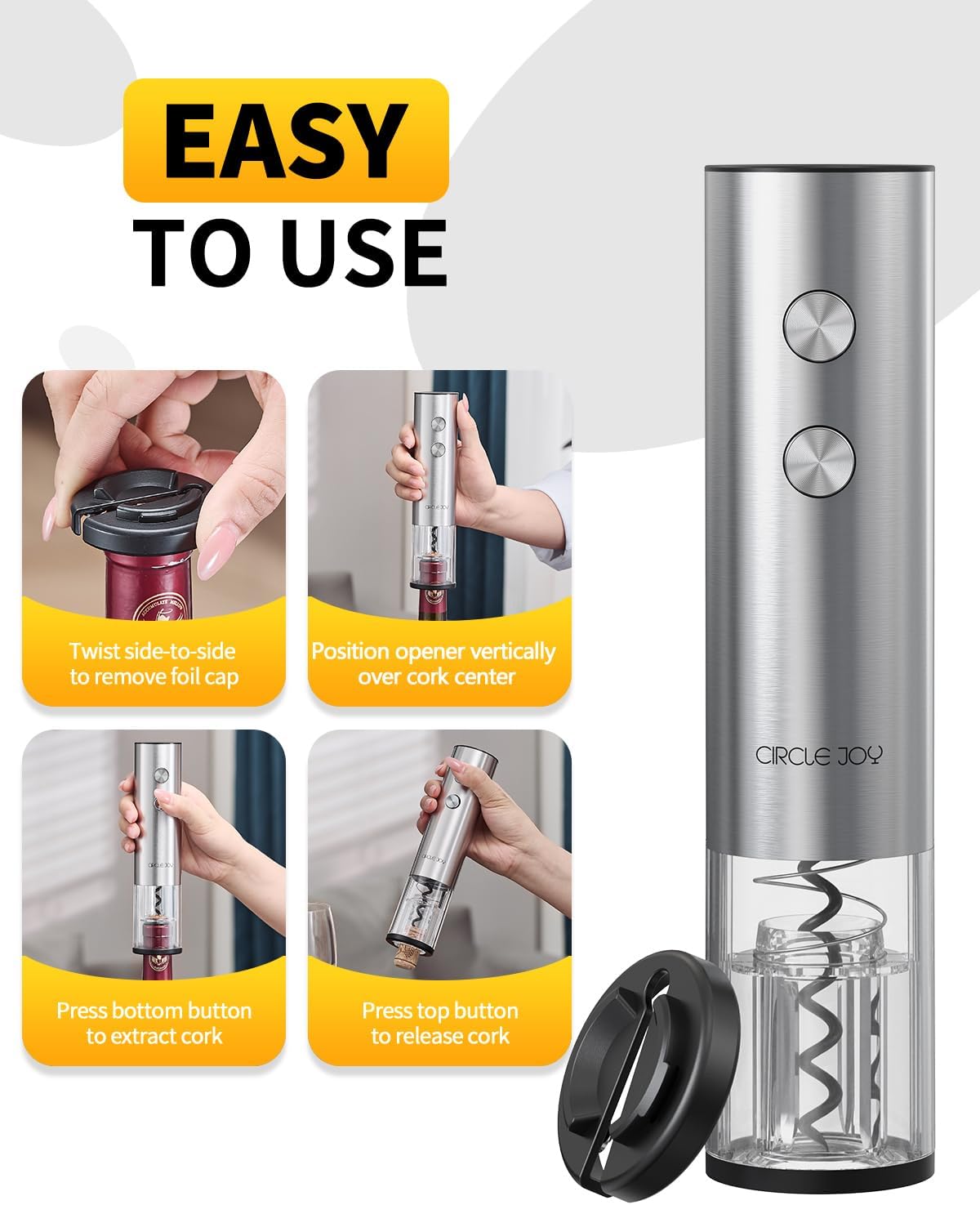 CIRCLE JOY Electric Wine Opener Stainless Steel Rechargeable Automatic Wine Bottle Opener Set 7-in-1 Wine Gifts for Wine Lovers with Charging Base, Foil Cutter, Wine Aerator Pourer & 2 Vacuum Stoppers