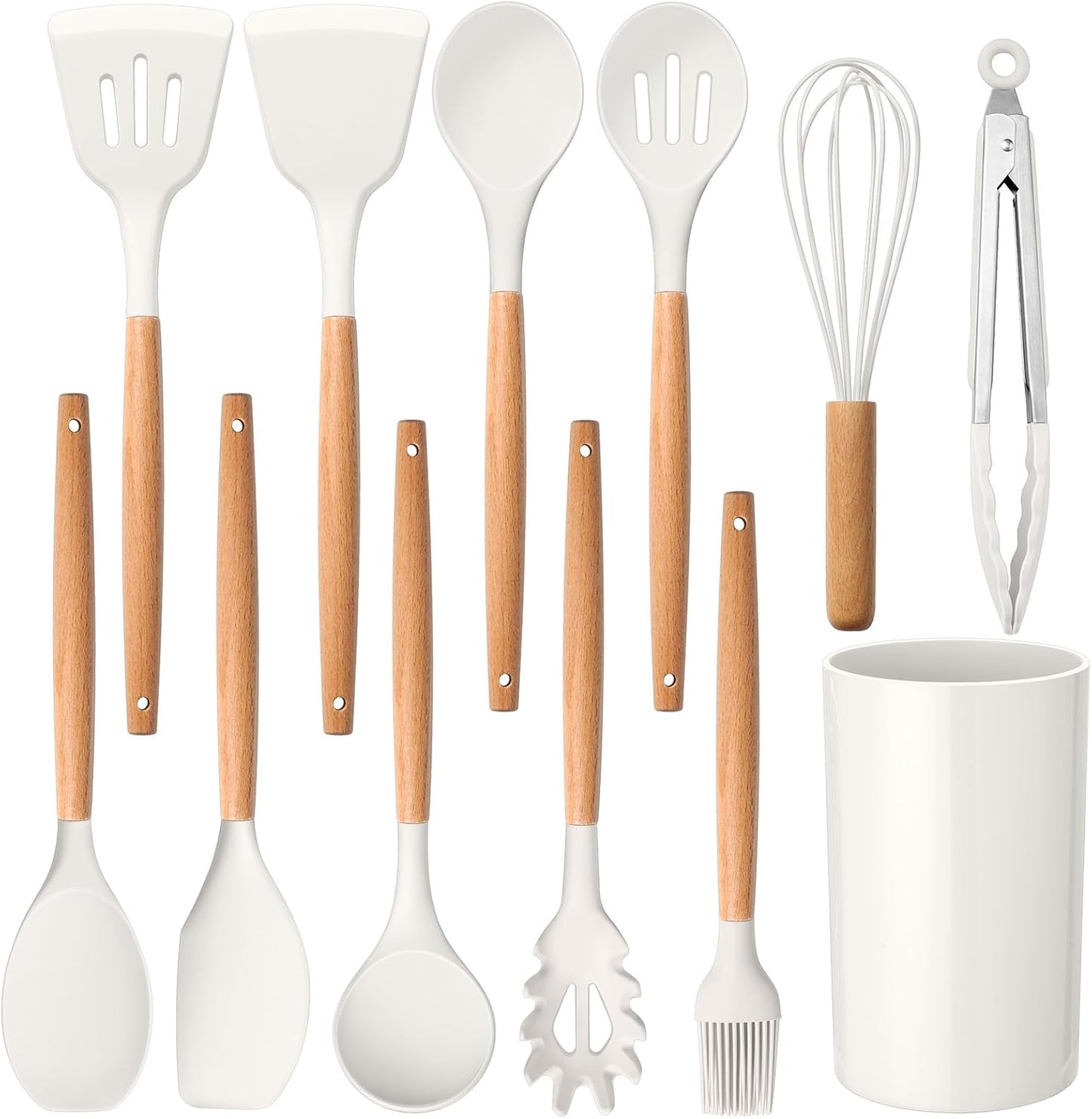E-far Cooking Utensils Set of 6, Silicone Kitchen Utensils with Wooden Handle, Non-stick Cookware Friendly & Heat Resistant, Includes Spatula/Ladle/Slotted Turner/Serving Spoon/Spaghetti Server(Khaki)