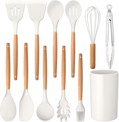 E-far Cooking Utensils Set of 6, Silicone Kitchen Utensils with Wooden Handle, Non-stick Cookware Friendly & Heat Resistant, Includes Spatula/Ladle/Slotted Turner/Serving Spoon/Spaghetti Server(Khaki)
