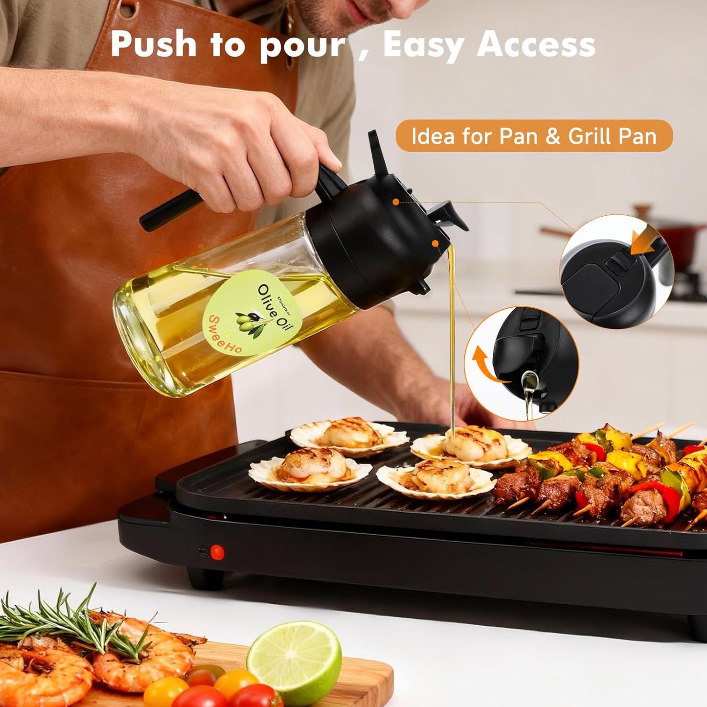 Oil Sprayer for Cooking,470ml Cooking Olive Oil Sprayer and Oil Dispenser 2 In 1, Food-grade Glass Oil Spray Bottle Mister for Air Fryer, BBQ, Griddle (Black+dark green glass and color label)