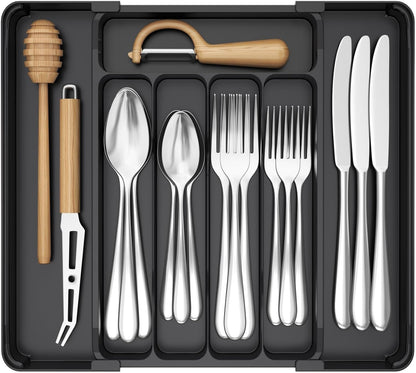 Lifewit Silverware Drawer Organizer, Expandable Utensil Tray for Kitchen, BPA Free Flatware and Cutlery Holder, Adjustable Plastic Storage for Spoons Forks Knives, 11-18 x 14", Black