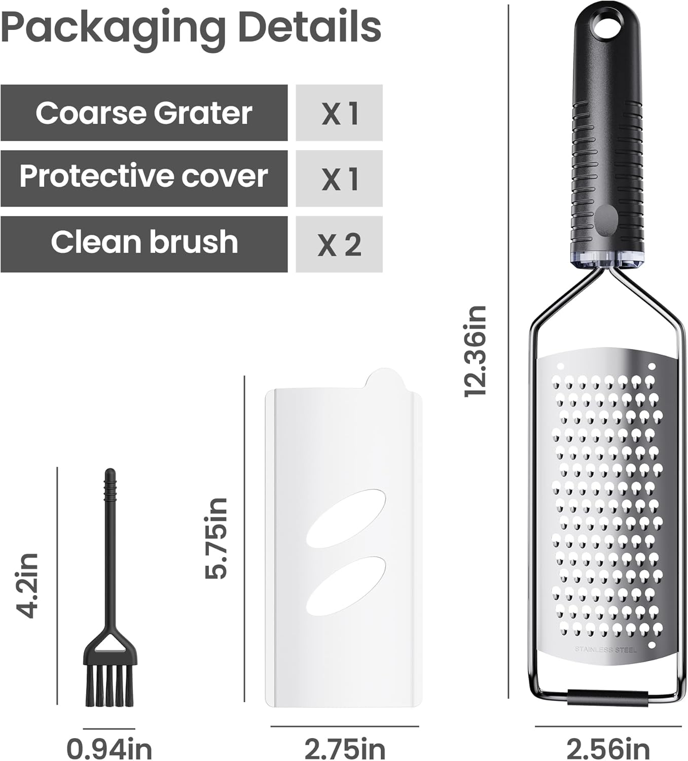 Coarse Grater for Cheese & Vegetables - Non-Slip Grip | Dishwasher Safe Stainless Steel (Black)