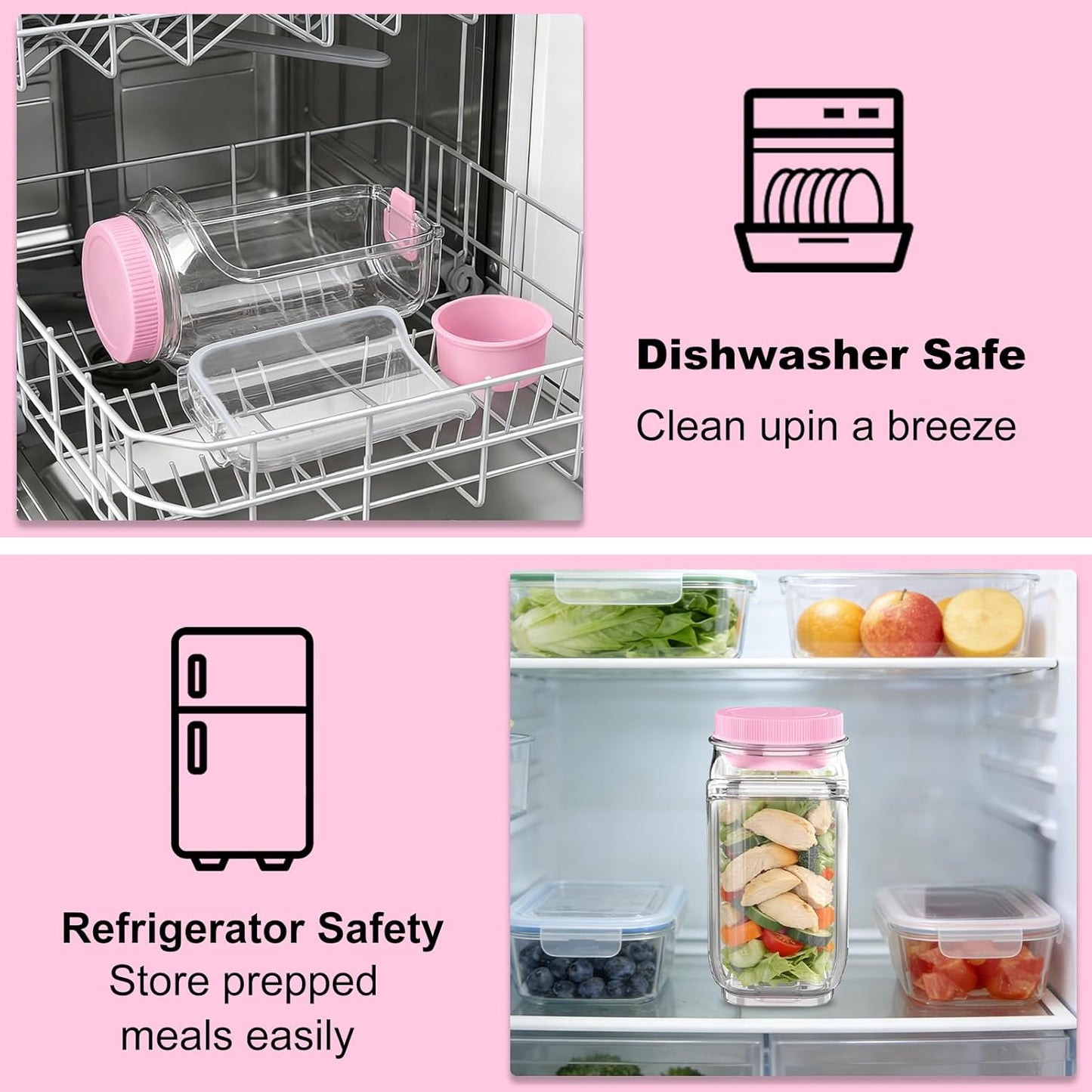 FNHMSL Side-Opening Mason Salad Jar, Portable (35 oZ) 1000ml Salad Container with Leakproof Dressing Cup, Includes Spoon and Cleaning Brush, Perfect for Meal Prep, Gym, Office, Picnic and Travel