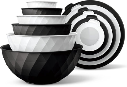 COOK WITH COLOR Mixing Bowls with Lids - 12 Piece Plastic Nesting Bowls Set includes 6 Prep Bowls and 6 Lids, Microwave Safe Mixing Bowl Set, Black Embossed - Colors A