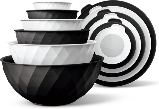 COOK WITH COLOR Mixing Bowls with Lids - 12 Piece Plastic Nesting Bowls Set includes 6 Prep Bowls and 6 Lids, Microwave Safe Mixing Bowl Set, Black Embossed - Colors A