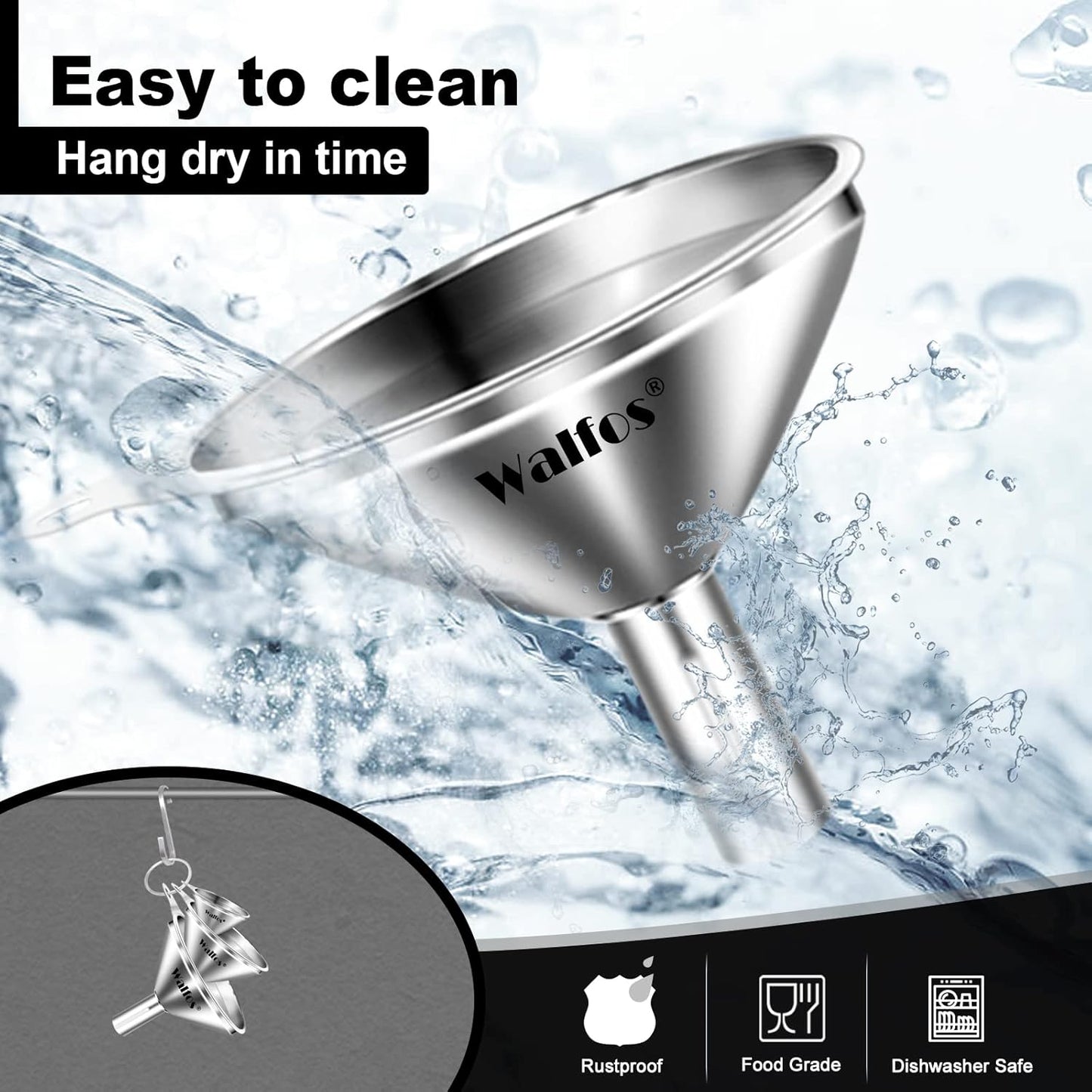 Stainless Steel Funnel, Walfos 3 Pack Kitchen Funnel with 2 Removable Strainer ＆ 1Pcs Cleaning Brush, Perfect for Transferring of Liquid, Oils, Jam, Dry Ingredients & Powder