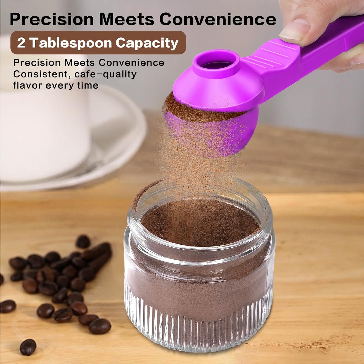 2-in-1 Coffee Scoop with Funnel, 2 Teaspoon Measuring Spoon for Reusable K Cups, Ground Coffee, Protein Powder & Tea, Mess-Free Plastic Design (Pink)