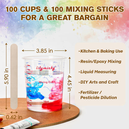 Lilymicky 16 oz Plastic Mixing Cups, 50 Pack 16 oz (500ml) Disposable Measuring Cups with 50 Wooden Mixing Sticks, Can Be Used for Epoxy Resin, Liquid Measuring, Paint, Cooking and Baking