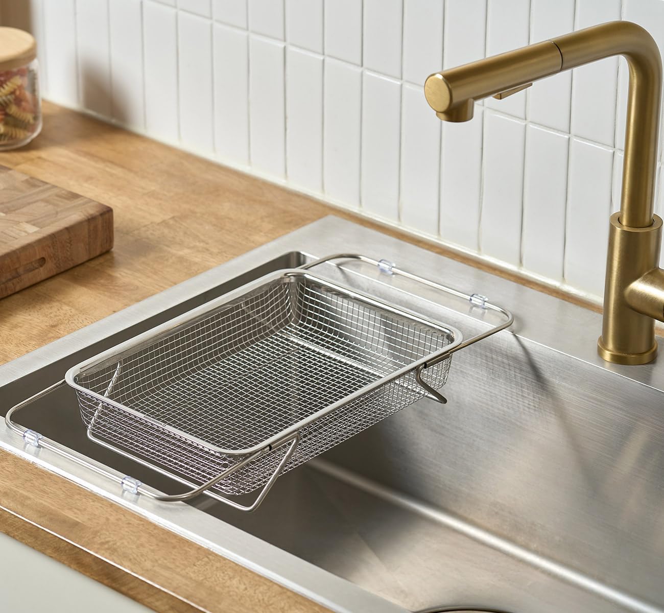 WAGENSTEIGER Extendable Dish Rack with Feet, Vegetable Colander Basket, Stainless Steel Dish or Silverware Drying Rack, Ultimate Kitchen Organizer Over the Sink (12.40 x 5.12 x 2.36 Inches)