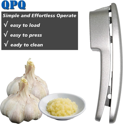 2-in-1 Professional Garlic Press and Peeler Set, Aluminium Press with Built-in Cleaner, Manual Crusher and Mincer for Unpeeled Garlic Cloves,Fast And Portable Garlic Peeler