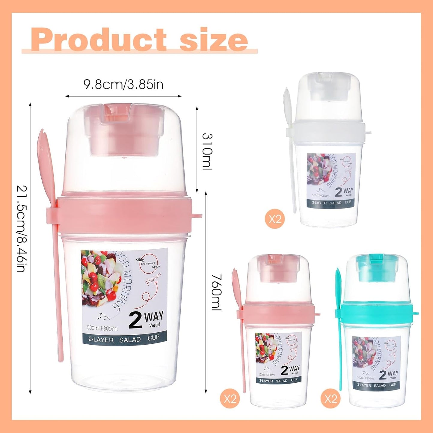 6 Pcs Salad Shaker Cup with Lids and Fork Fresh Salad Shaker Container for Lunch, Portable Breakfast Meal Vegetable and Fruits, White, Pink, Green