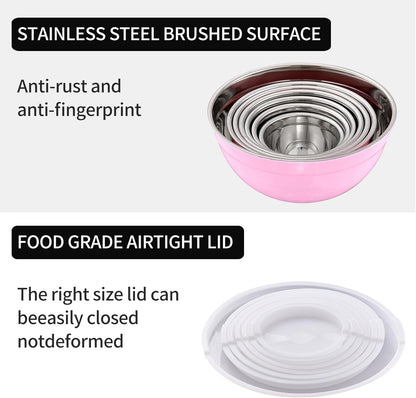 Red Mixing Bowls with Lids Set of 7, Stainless Steel Nesting Bowl with Khaki Lid for Non-slip Mixing Prepping Storing Serving, 7 Sizes-7/3.6/2.7/2.1/1.5/1/0.8 QT