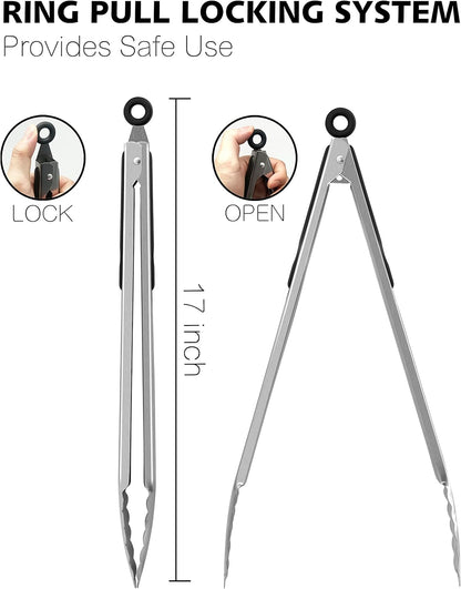 Anaeat Non-Stick Silicone Locking Tong Set of 3 - Stainless Steel 7", 9", 12" Kitchen Food Tongs with Non-Slip Silicone Tips and Grip for Cooking, Baking and BBQ - Heat Resistant up to 480°F (Black)