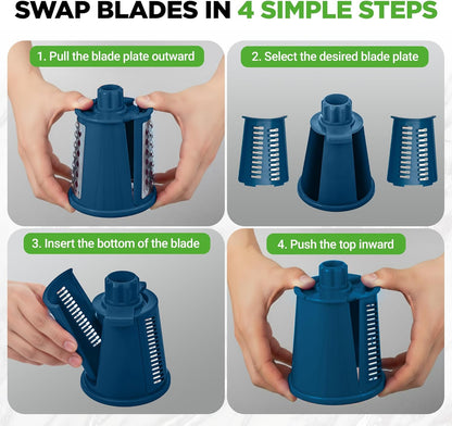 NutriChef 5 in 1 Cheese Grater & Shredder | 5 Different Blades for Thin, Thick, Julienne Strips, Wavy, & Straight Strips | Includes Hand Crank, Strong Suction Base & Storage Container | Black