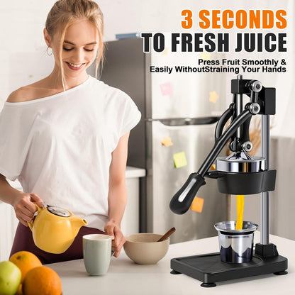 Manual Cast Iron Citrus Juicer,Commercial Hand Press,Heavy Duty Countertop Squeezer for Fresh Orange Lemon Juice,Stable When Pressed,Easy to Use & Clean (black)