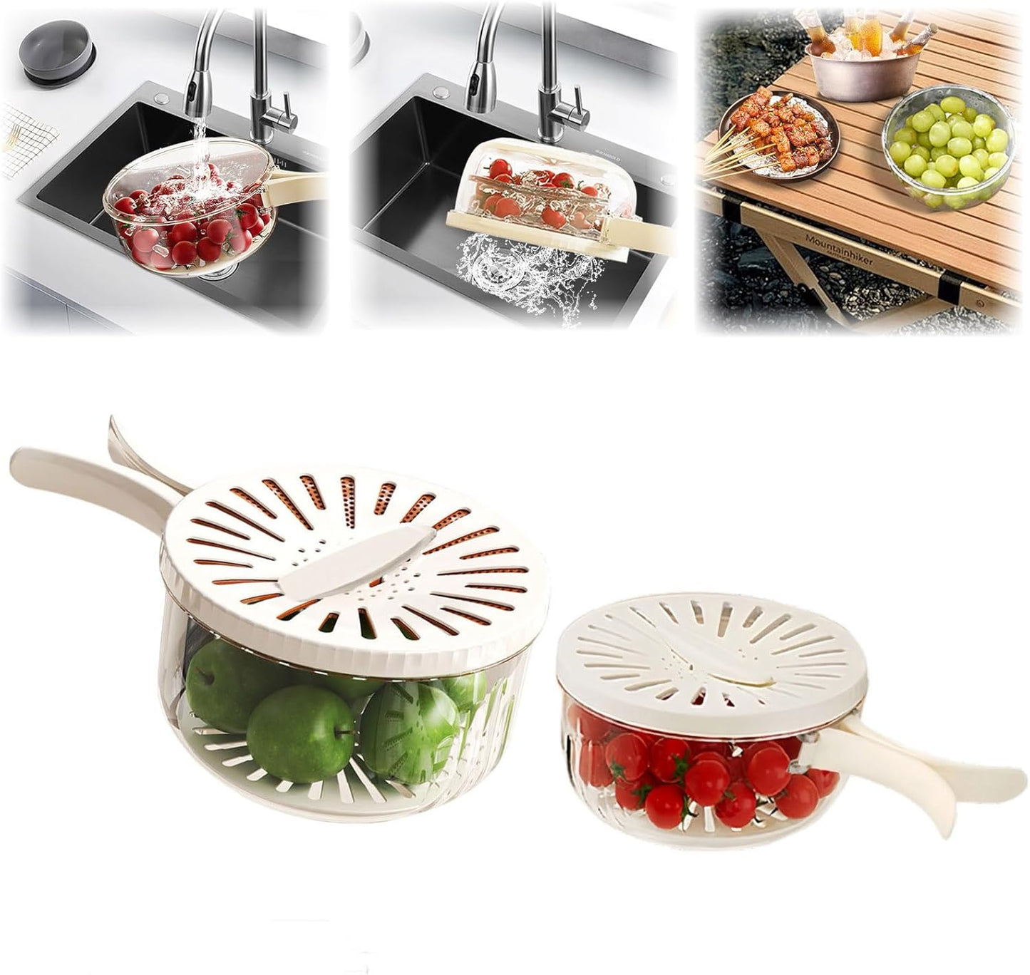 Multifunctional Fruit Washing Bowl with Strainer,2 in 1 Drain basket and Fruit Strainer Container with Lid,Fruit Washer Bowl for Kitchen,Fridge,Picnic & Camping(1QT)