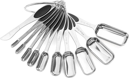 Magnetic Measuring Spoons Set of 11 with Leveler, Measuring Spoons Stainless Steel Rectangular Metal Teaspoon for Dry & Liquid Ingredients (Black)