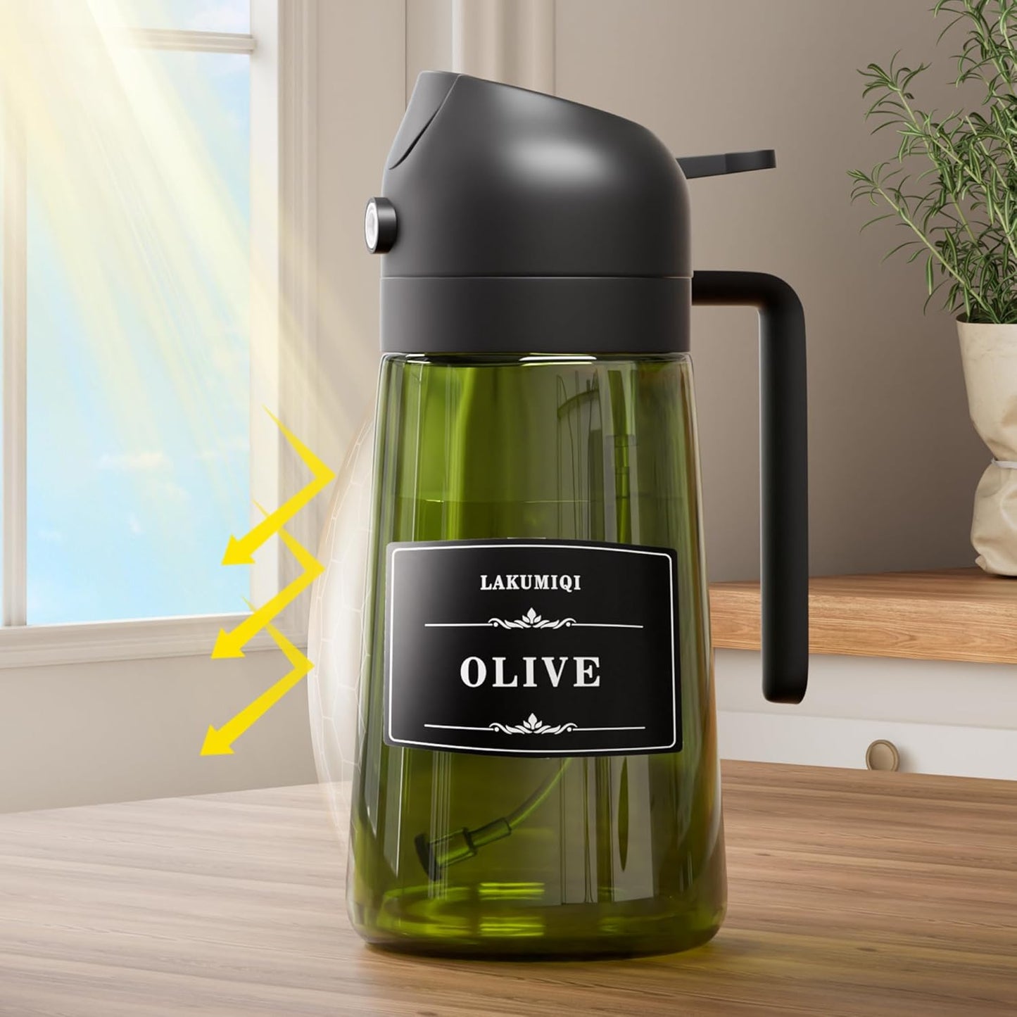 LAKUMIQI 2 in 1 Oil Sprayer for Cooking, 16oz Olive Oil Dispenser Bottle for Kitchen, Food Grade Light-Blocking Leak Proof Glass Spray Bottle for Salad, Air Fryer, BBQ