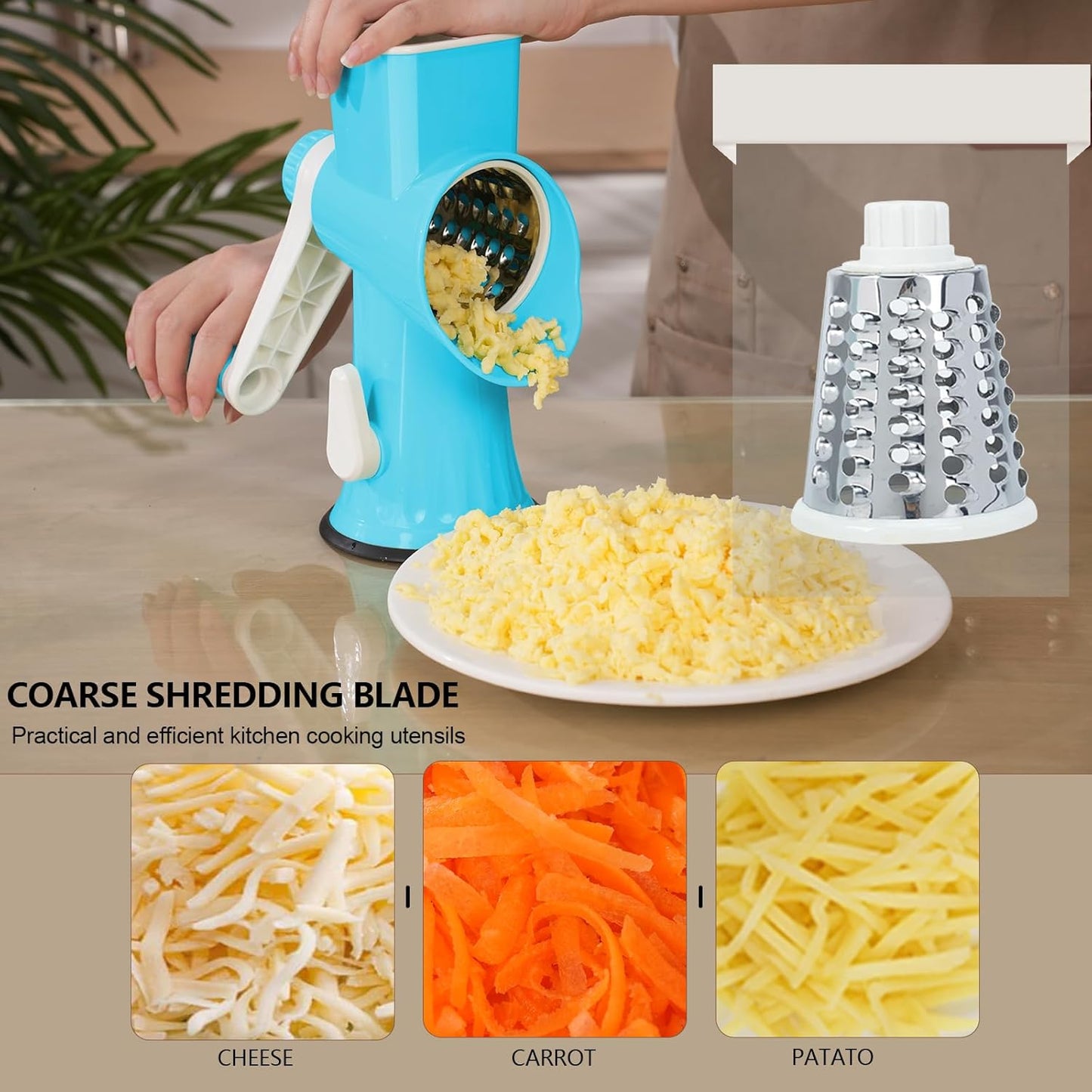 Rotary Cheese Grater with Handle-Versatile Cheese Grater Non-Slip Suction Base,Cheese Shredder & Food Slicer for Cheese,Carrots, Cucumbers,Nuts-Compact & Easy Clean Kitchen Kitchen Tool (blue)