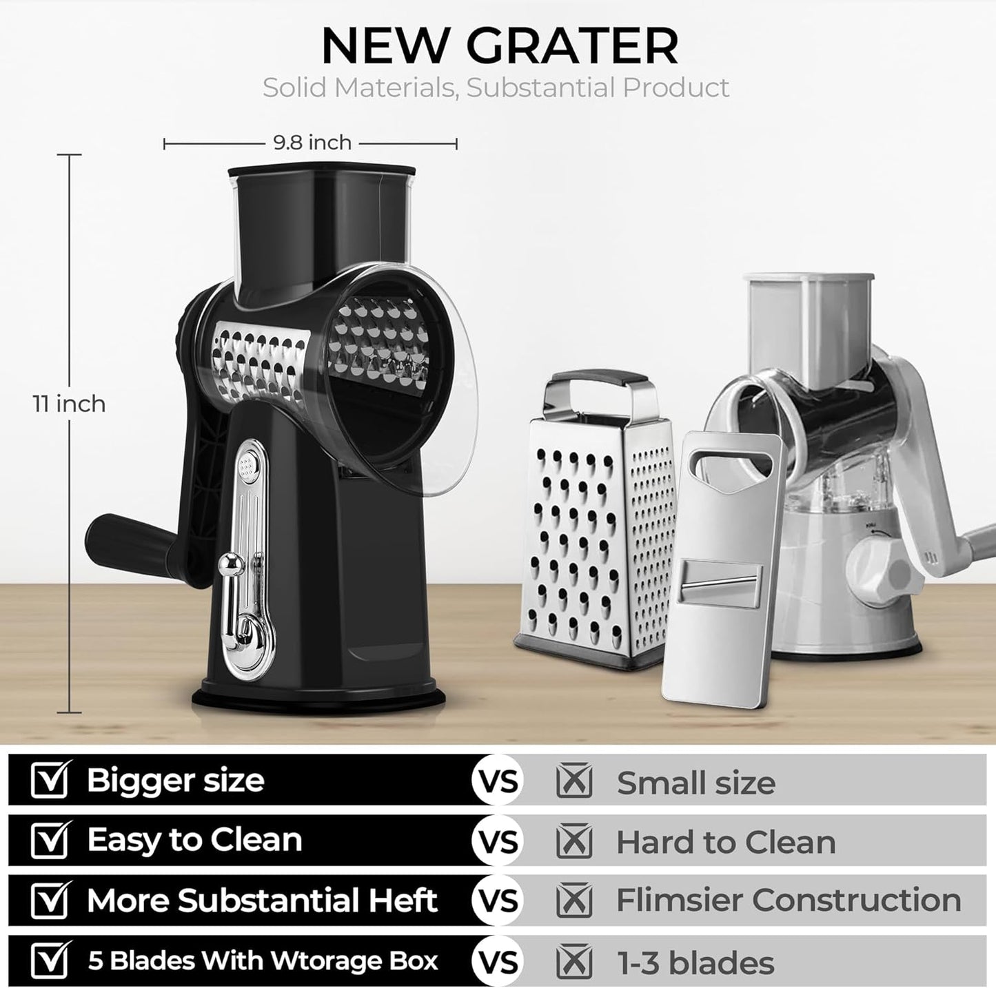 SUSTEAS Rotary Cheese Grater with Handle - Vegetable Shredder with 5 Well-designed Blades & Strong Suction Base,Round Mandoline Slicer & Food Chopper for Kitchen,with Blade Storage Box(Beige)