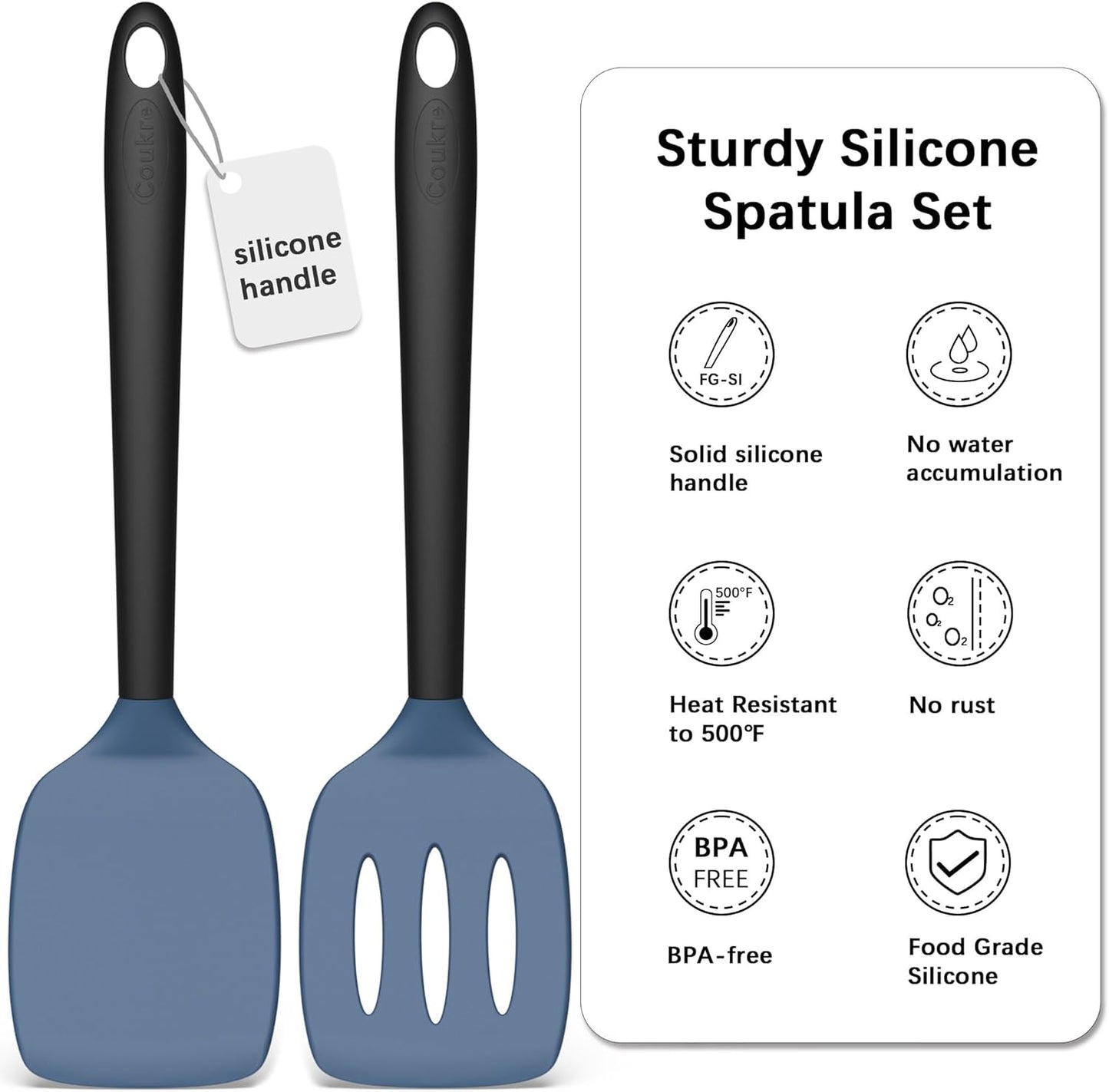 Coukre 2 Pack Silicone Spatula Set, High Heat Resistant, BPA Free Kitchen Spatula, Solid & Slotted Turner for Non-Stick Pans, Sautéing, and Flipping (2, PureBlack)