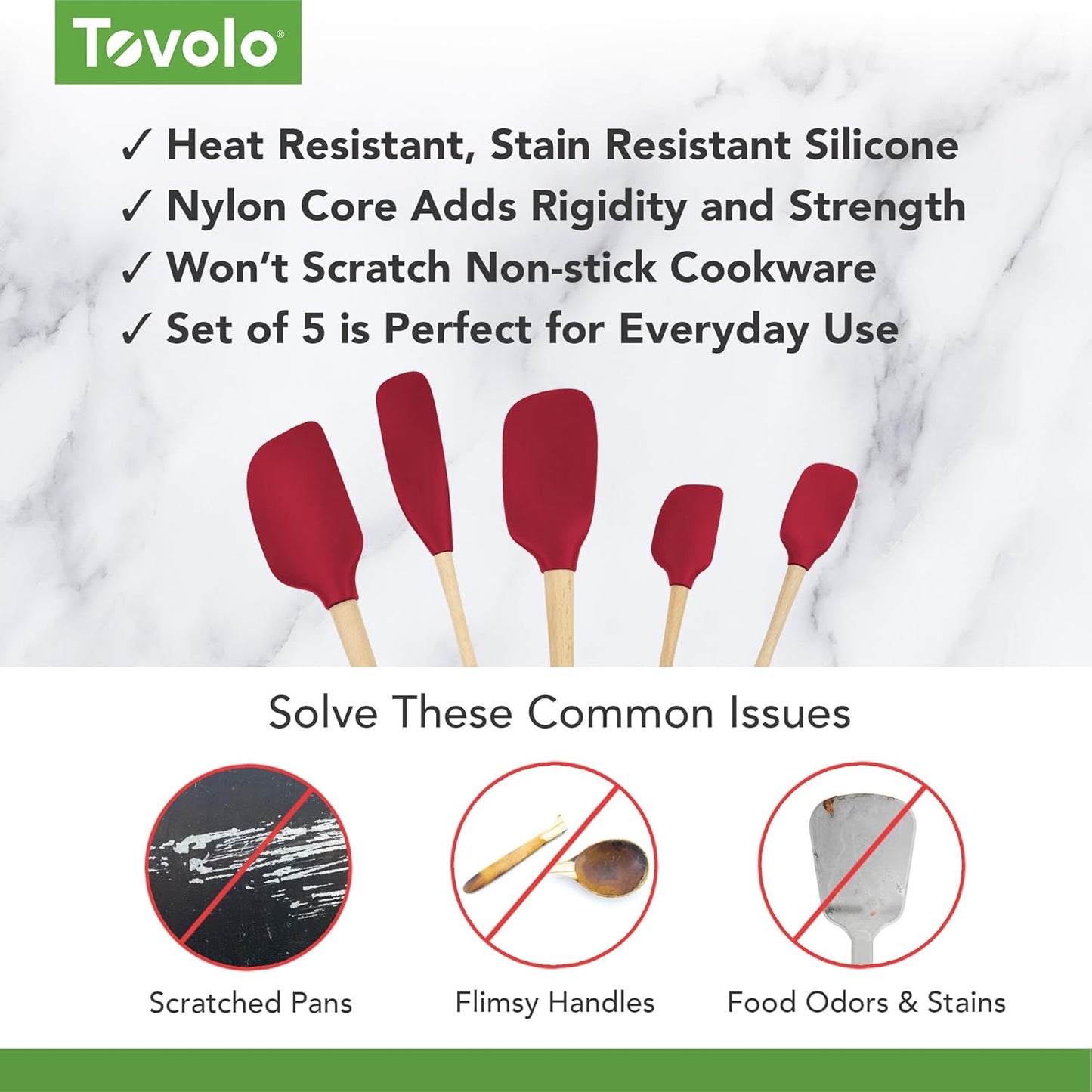 Tovolo Silicone Spatula with Wooden Handle Set of 5 Piece Silicone Kitchen Utensil Set Spoonula Jar Scraper Mini Spatula and Spoonula for Cooking Baking Mixing Folding Deep Indigo