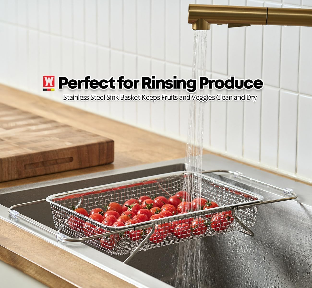 WAGENSTEIGER Extendable Dish Rack with Feet, Vegetable Colander Basket, Stainless Steel Dish or Silverware Drying Rack, Ultimate Kitchen Organizer Over the Sink (12.40 x 5.12 x 2.36 Inches)