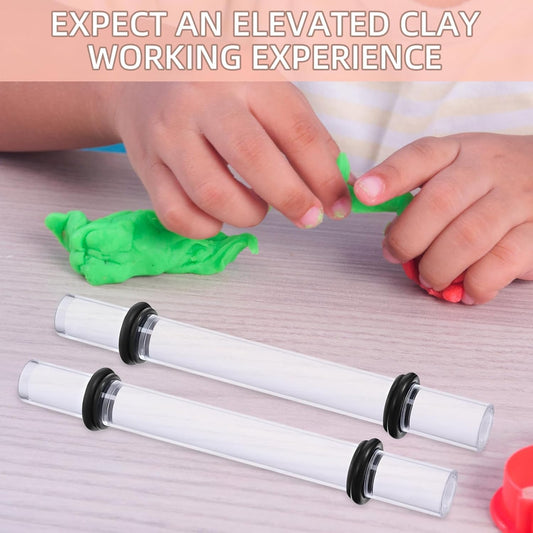 2PCS Polymer Clay Roller Set with 8 Thickness Rings, Adjustable Acrylic Clay Rolling Pin & 2 Scrapers, Professional Clay Art Craft DIY Tool Kit for Shaping, Sculpting and Modeling, Clear