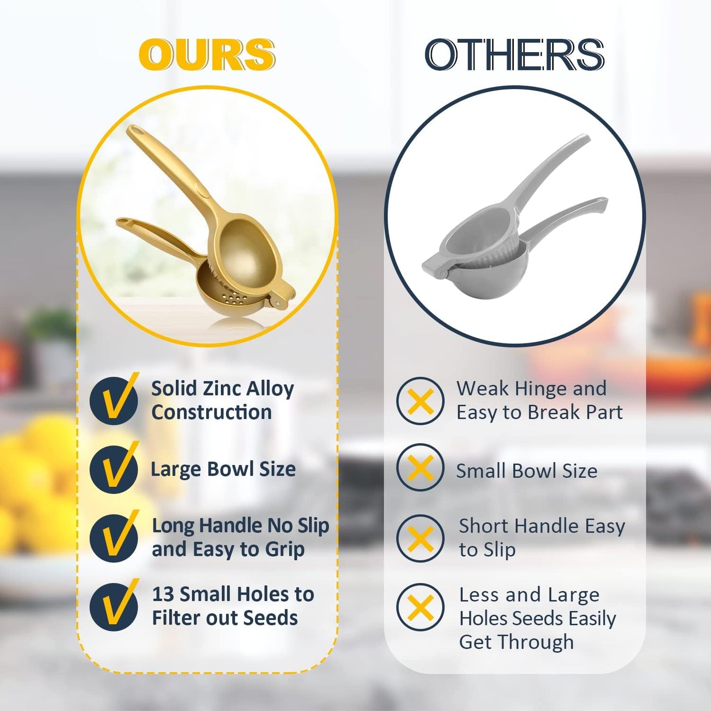 Lemon Squeezer, Heavy Duty Zinc Alloy Manual Citrus Juicer and Lime Squeezer, Handheld Fruit Press for Maximum Juice Extraction, Easy to Clean Metal Hand Juicer for Cooking & Cocktails, Gold