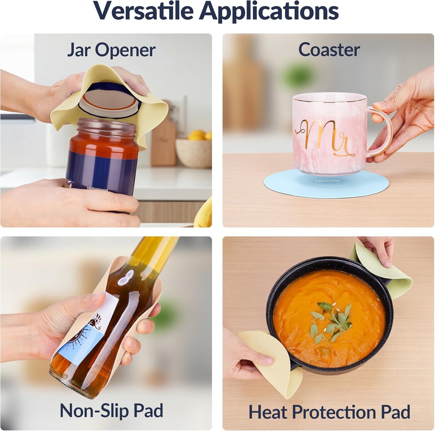 NIHOME Silicone Jar Opener – 6 Inch Large Anti-Slip Grip Pads, Premium 100% Food-Grade Silicone, Stylish Designer Colors, Multi-Purpose Heat-Resistant Mat & Coaster, Set of 4
