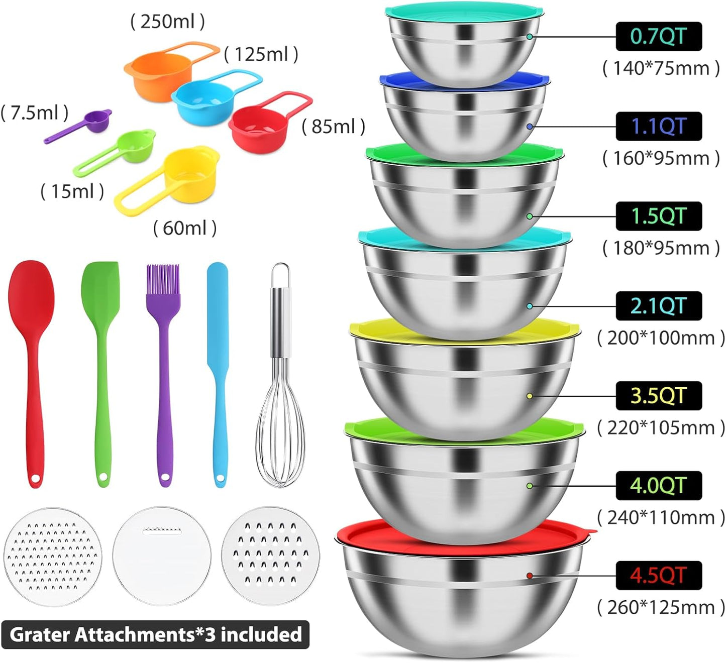 ENVTEK Mixing Bowls with Lids Set, 7 PCS Stainless Steel Mixing Bowls with 3 Grater Attachments, Size 4.5, 4, 3.5, 2.1, 1.5, 1.1, 0.7QT, Ideal for Kitchen Cooking Baking & Serving