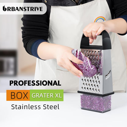 Urbanstrive Cheese Grater With Container, Professional Cheese Grater with Handle, Stainless Steel Graters for Kitchen Handheld, Box Grater with 4 Sides for Vegetables, Ginger, Potatoes (Blue)