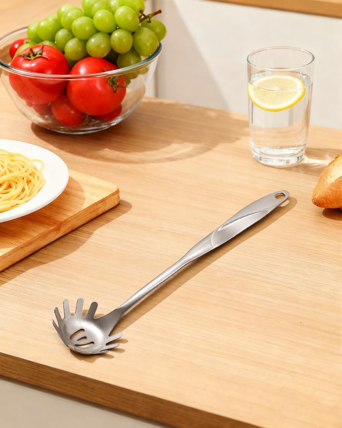 Spaghetti Spoon and Pasta Tong with Grip Teeth and Drain Holes, 2-Piece Non-Stick Silicone Head with Stainless Steel Handle, Heat Resistant Food Grade Utensils for Cooking, Serving, Salad and Noodles