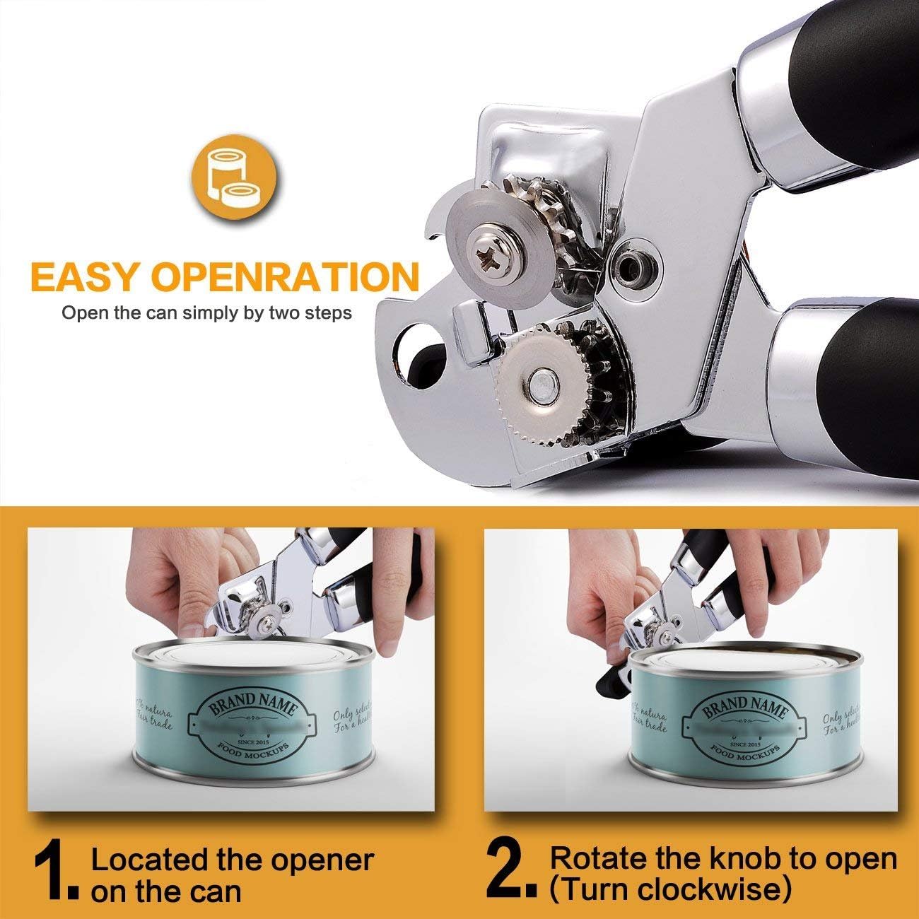 Can Opener, 3-In-1 Manual Can Openers, Cordless Tin Opener with Lids off Jar Opener and Bottle Opener in One, Smooth Edge and Heavy Duty Stainless Steel Sharp Blade