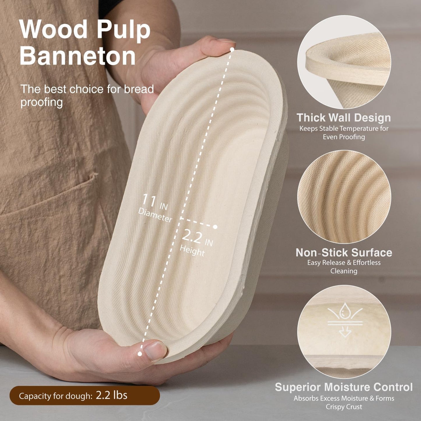 Wood Pulp Banneton Bread Proofing Basket Set, Non-Stick Dough Proofing Bowl for Sourdough, Sourdough Starter Kit Bread Baking Supplies Making Tools (Round)